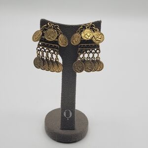 Vintage Gold tone Dangle Coin Screwback Clip on earrings